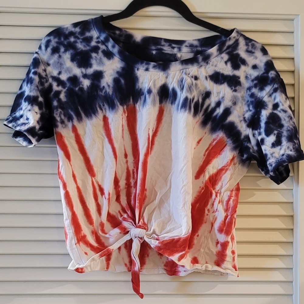 Red White Blue Tie-Dye Short-Sleeve 100% Cotton Tie Top